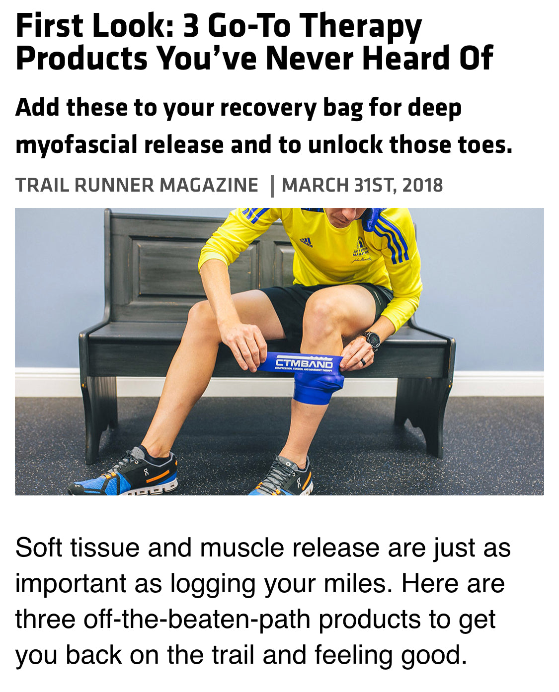 Image. The CTM Band is a soft tissue massage tool, achilles massage tool, hamstring massage tool, etc. It helps with pain on top of kneecap, patellofemoral pain syndrome, sore knees from running and many others. Get rid of sore muscles fast.